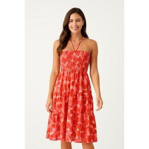 Cupshe Red Floral‎ Smocked Tiered Halter Midi Dress Vacation Resortwear